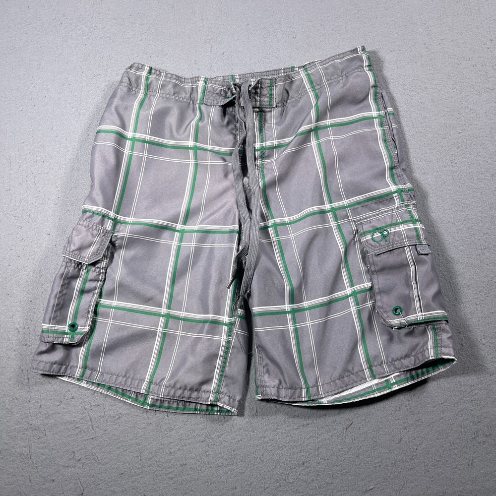 Ocean Pacific Plaid Board Shorts Men Medium Grey Green Cargo Swim Trunks Vintage - Picture 1 of 9